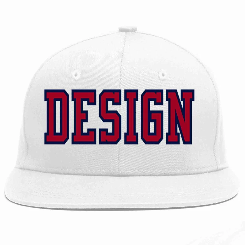 Baseball Cap With Fun Designs-Custom White Red-Navy Flat Eaves Sport Baseball Cap Design for Men/Women/Youth