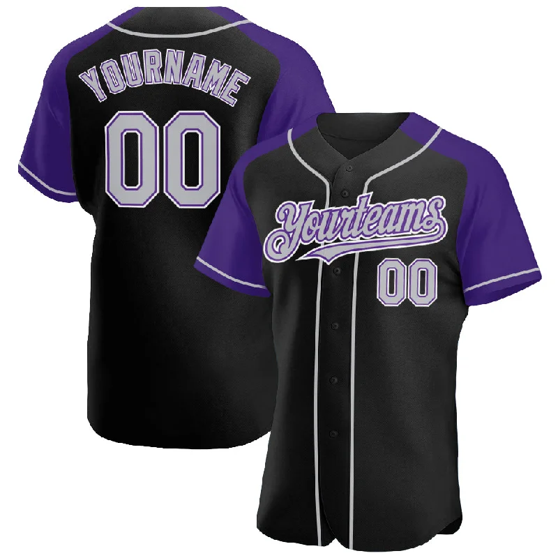 Baseball Jersey With Player Customization-Custom Black Gray-Purple Authentic Raglan Sleeves Baseball Jersey