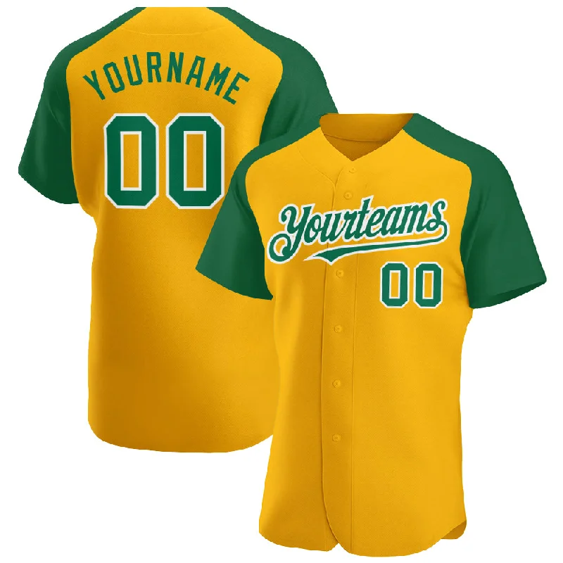 Baseball Jersey For Baseball Gear Collection-Custom Gold Kelly Green-White Authentic Raglan Sleeves Baseball Jersey