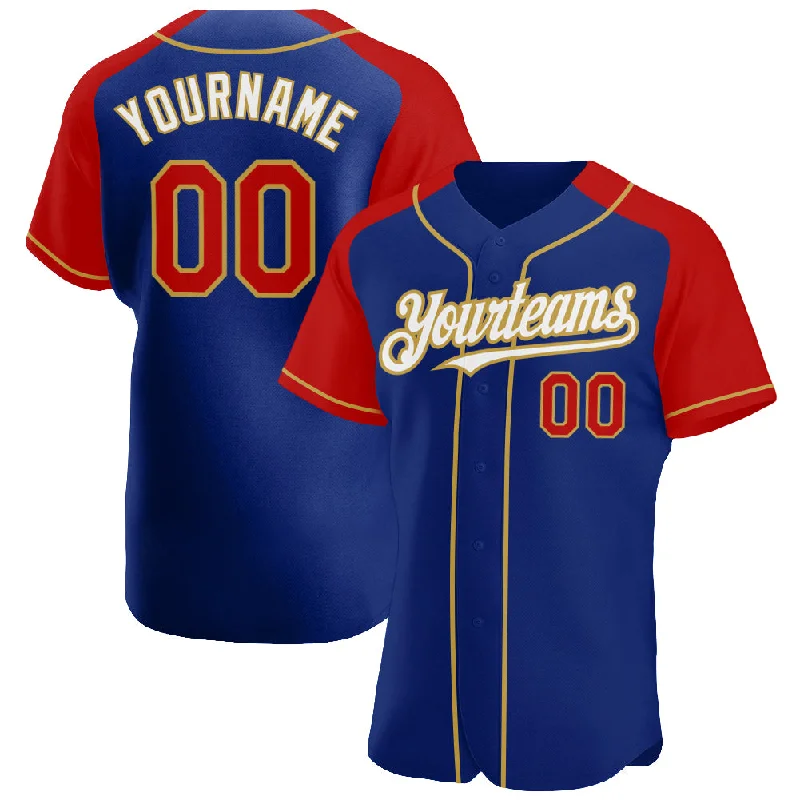 Baseball Jersey For Baseball Celebrations-Custom Royal Red-Old Gold Authentic Raglan Sleeves Baseball Jersey