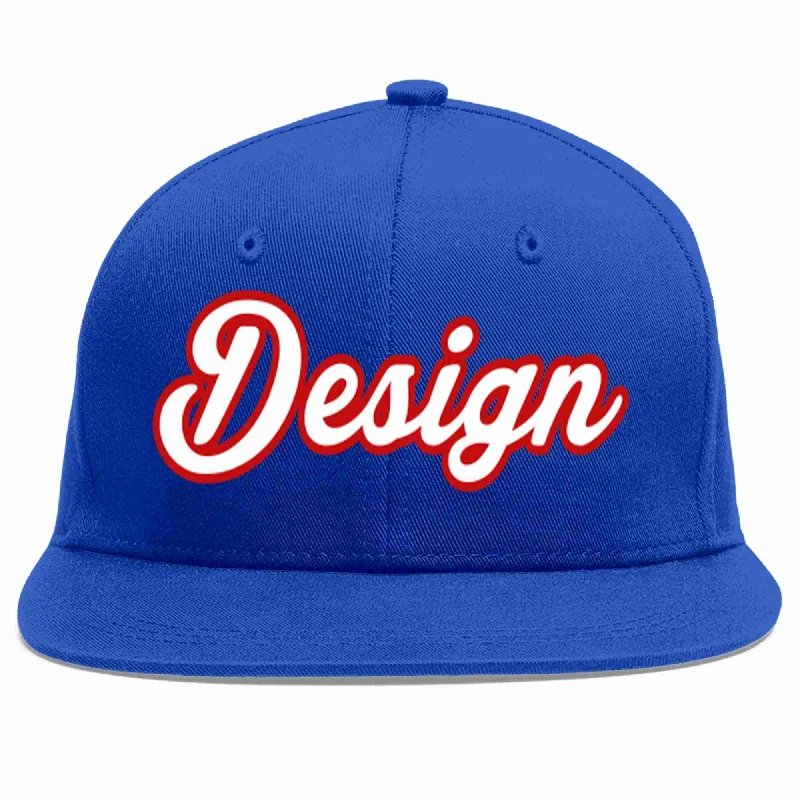 Baseball Cap With Retro Logo-Custom Royal White-Red Flat Eaves Sport Baseball Cap Design for Men/Women/Youth