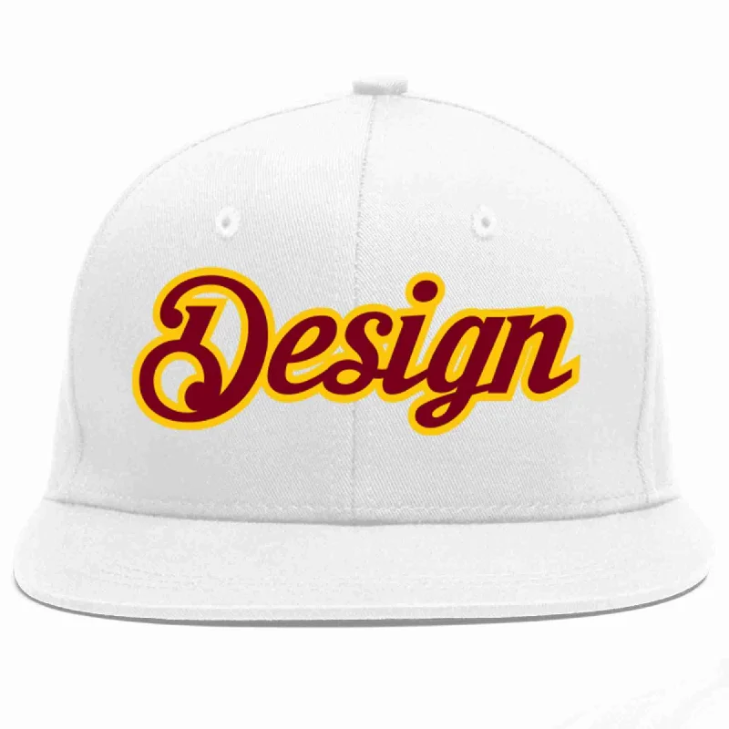 Baseball Cap For All-Weather Protection-Custom White Crimson-Gold Flat Eaves Sport Baseball Cap Design for Men/Women/Youth