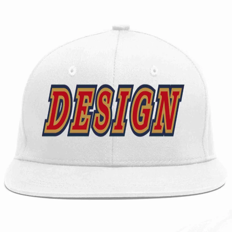 Personalized Fitted Baseball Cap-Custom White Red-Old Gold Flat Eaves Sport Baseball Cap Design for Men/Women/Youth