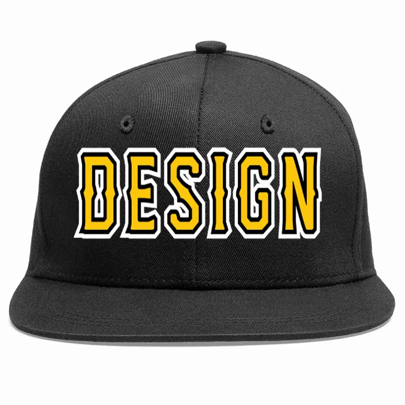 Custom Baseball Cap For Events-Custom Black Gold-Black Flat Eaves Sport Baseball Cap Design for Men/Women/Youth