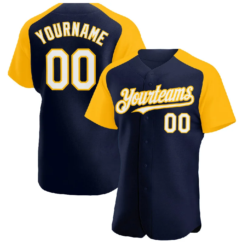 Baseball Jersey With Moisture-Wicking Fabric-Custom Navy White-Gold Authentic Raglan Sleeves Baseball Jersey