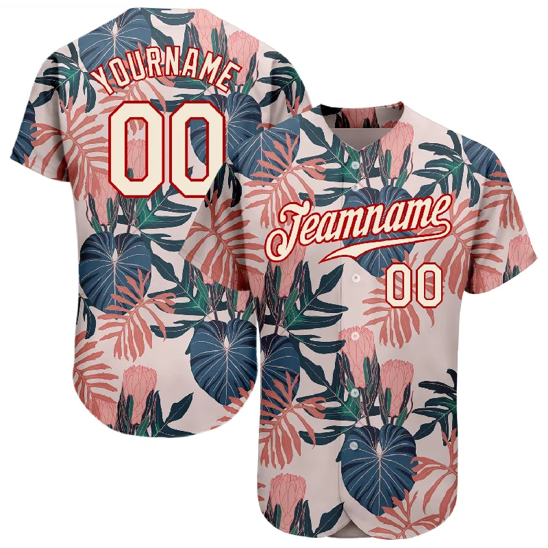 Baseball Jersey With Bold Team Name-Custom Cream Red 3D Pattern Design Hawaii Palm Leaves And Flowers Authentic Baseball Jersey