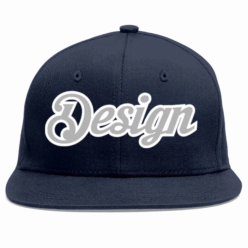 Baseball Cap With Bold Text-Custom Navy Gray-White Flat Eaves Sport Baseball Cap Design for Men/Women/Youth