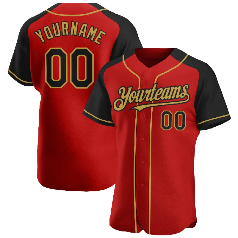 Baseball Jersey For Custom Gifts-Custom Red Black-Old Gold Authentic Raglan Sleeves Baseball Jersey