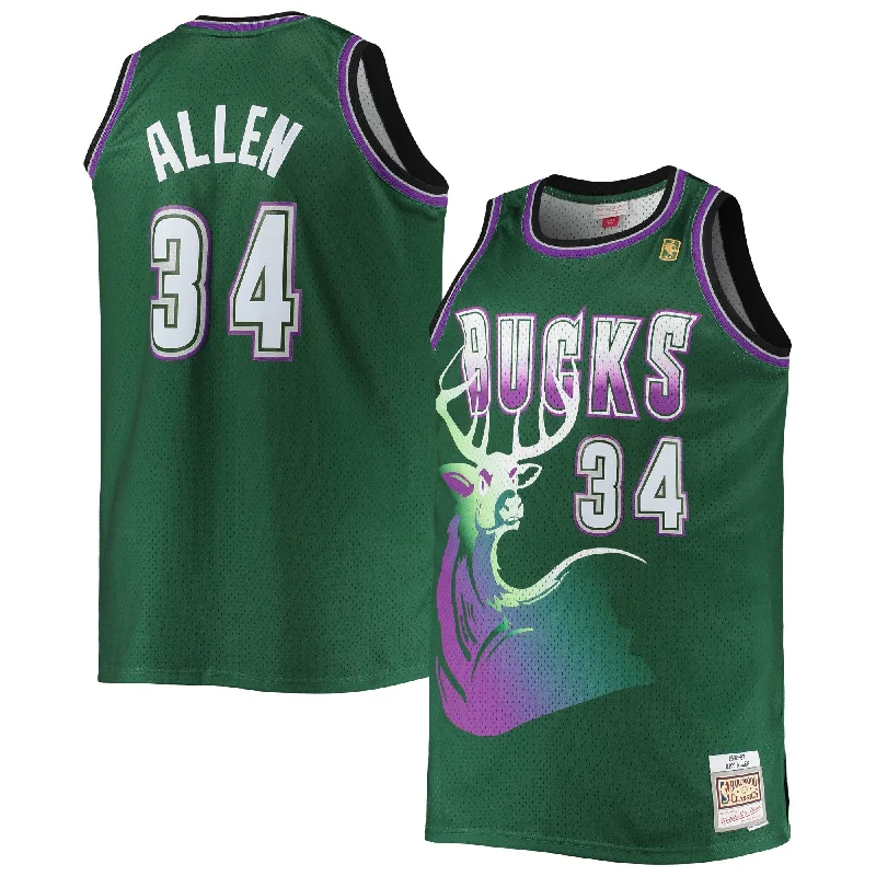 Basketball Jersey With Customizable Features-Ray Allen Milwaukee Bucks Big & Tall 1996/97 Hardwood Classics Swingman Basketball Jersey - Hunter Green