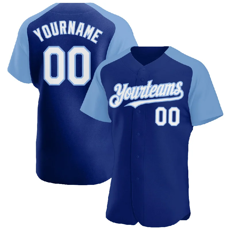 Baseball Jersey With Embroidered Team Logos-Custom Royal White-Light Blue Authentic Raglan Sleeves Baseball Jersey