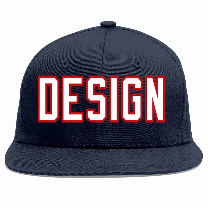 Baseball Cap For Sporting Events-Custom Navy White-Red Flat Eaves Sport Baseball Cap Design for Men/Women/Youth