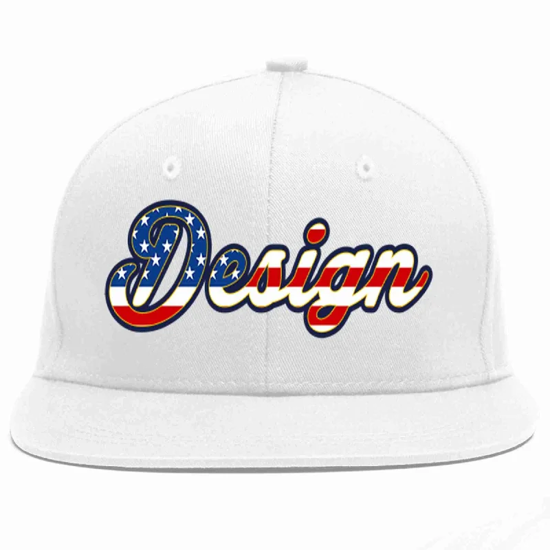 Baseball Cap For Personalized Branding-Custom White Vintage USA Flag-Gold Flat Eaves Sport Baseball Cap Design for Men/Women/Youth