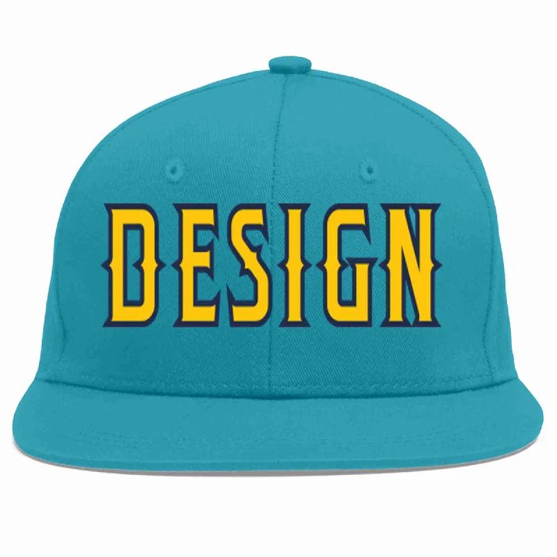 Baseball Cap For Soccer Fans-Custom Aqua Gold-Navy Flat Eaves Sport Baseball Cap Design for Men/Women/Youth