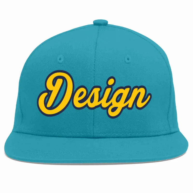 Custom Baseball Cap For Events-Custom Aqua Gold-Navy Flat Eaves Sport Baseball Cap Design for Men/Women/Youth