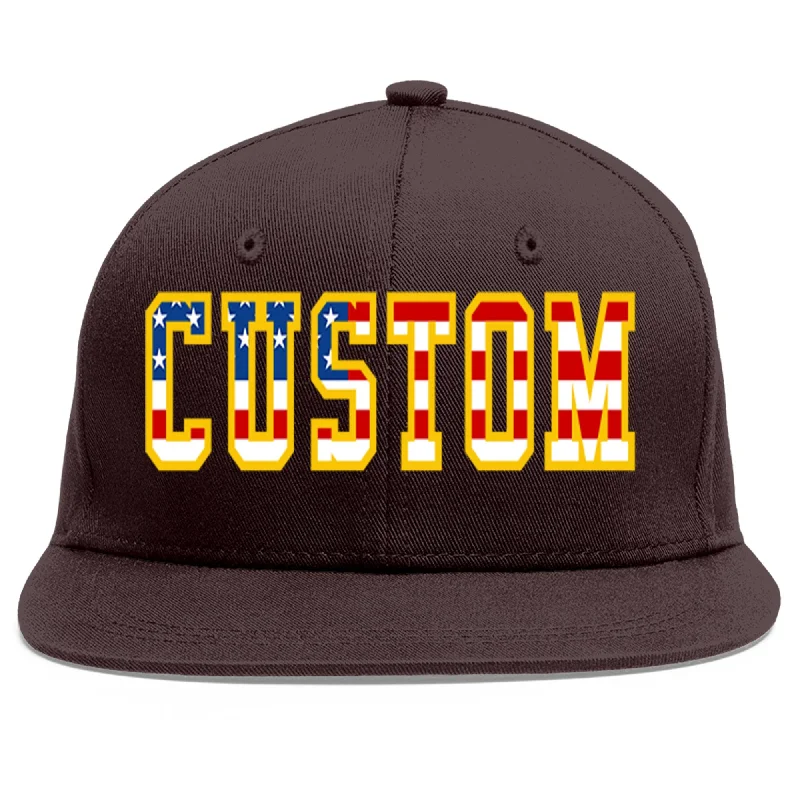 Baseball Cap With Custom Embroidery Design-Custom Brown Vintage USA Flag-Gold Flat Eaves Sport Baseball Cap