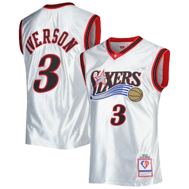 Basketball Jersey For International Fan Apparel-Allen Iverson Philadelphia 76ers 2000/01 Hardwood Classics 75th Anniversary Swingman Basketball Jersey - Platinum