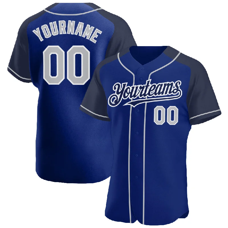 Baseball Jersey With Logo Embellishments-Custom Royal Gray-Navy Authentic Raglan Sleeves Baseball Jersey