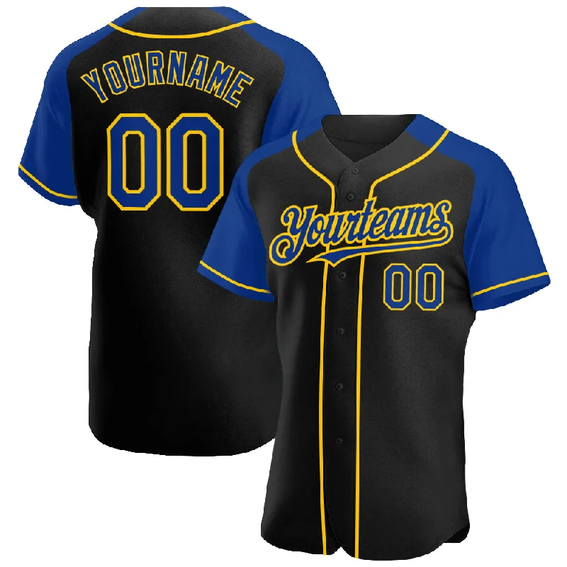 Baseball Jersey For Custom Clothing-Custom Black Royal-Yellow Authentic Raglan Sleeves Baseball Jersey