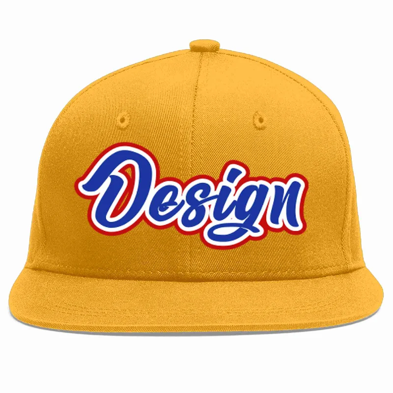 Baseball Cap With Limited Run Styles-Custom Gold Royal-White Flat Eaves Sport Baseball Cap Design for Men/Women/Youth