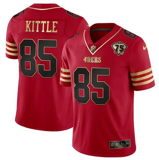 Personalized Football Jersey For Customized Gifts-Men's San Francisco 49ers #85 George Kittle Red Gold With 75th Anniversary Patch Football Stitched Jersey