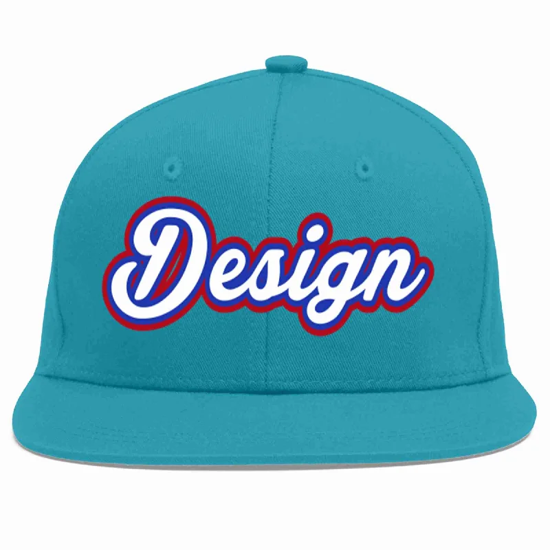 Baseball Cap With Custom Embroidery-Custom Aqua White-Royal Flat Eaves Sport Baseball Cap Design for Men/Women/Youth