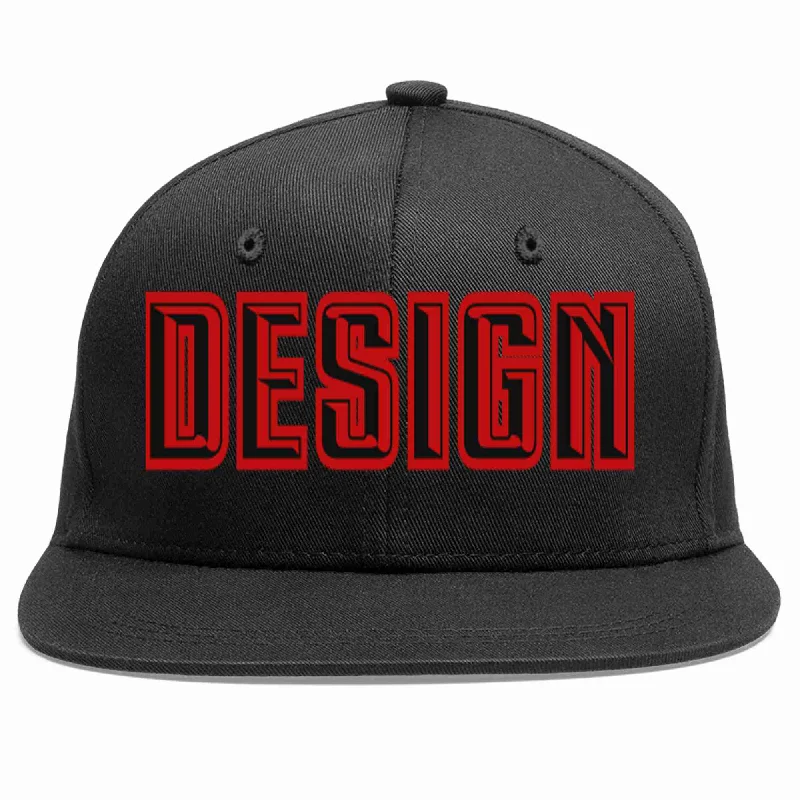 Baseball Cap For Sun Protection-Custom Black Black-Red Flat Eaves Sport Baseball Cap Design for Men/Women/Youth