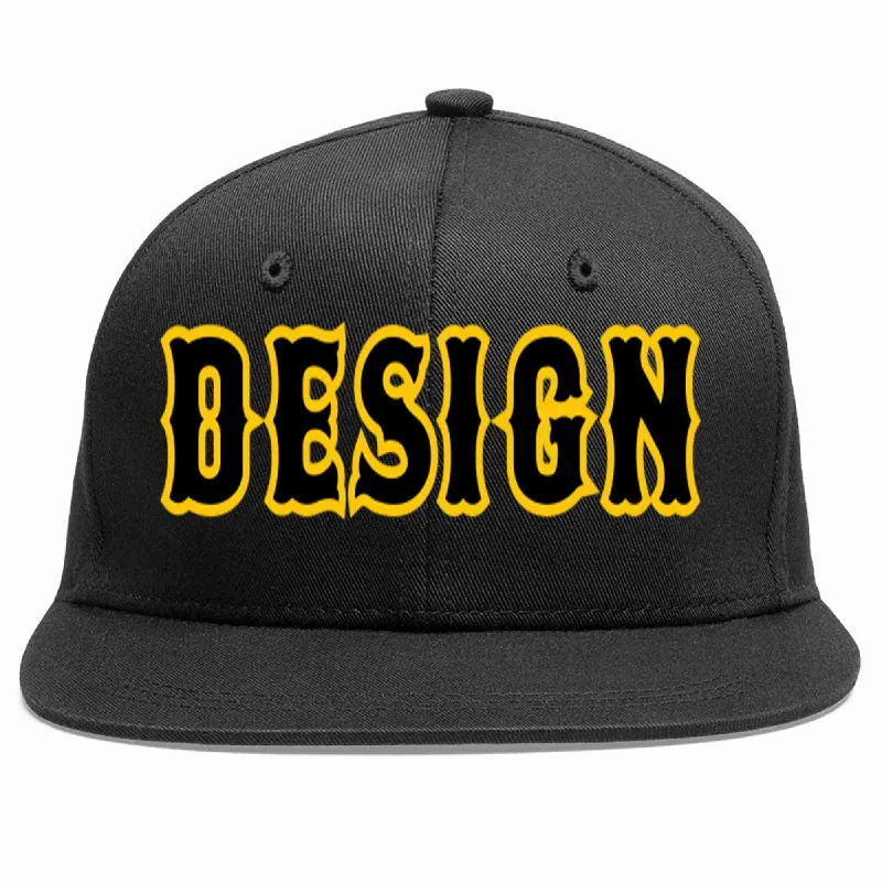 Baseball Cap For Custom Apparel-Custom Black Black-Gold Flat Eaves Sport Baseball Cap Design for Men/Women/Youth