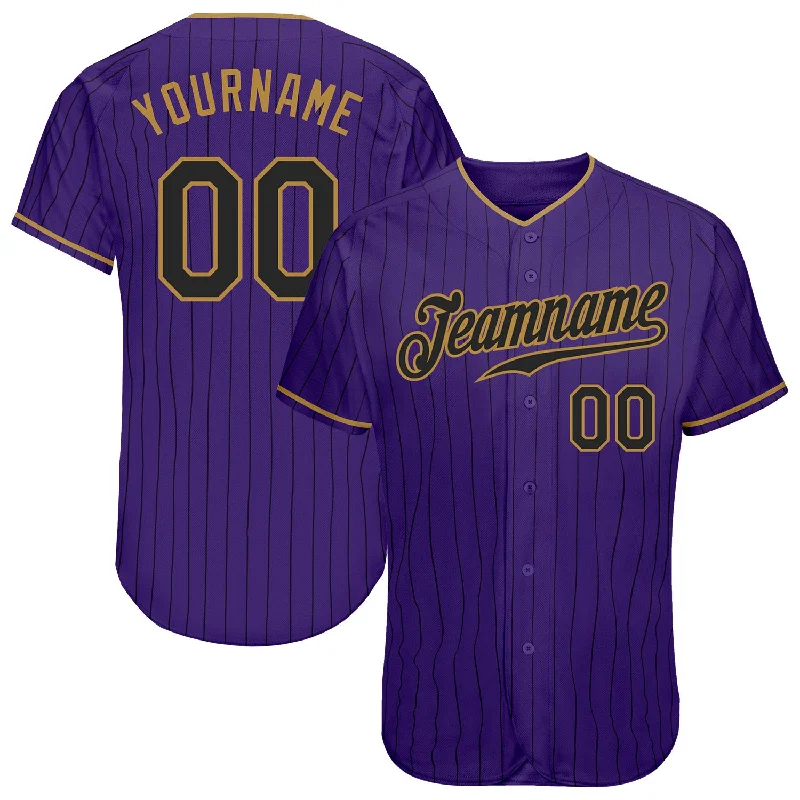 Baseball Jersey For Outdoor Baseball Matches-Custom Purple Black Pinstripe Black-Old Gold Authentic Baseball Jersey