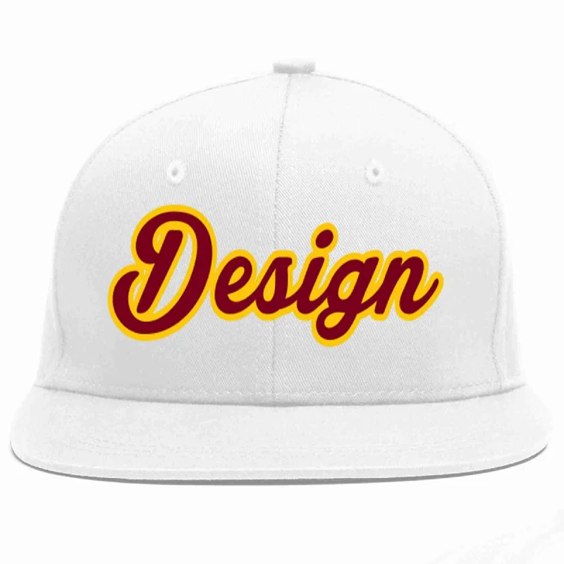 Baseball Cap For Custom Gifts-Custom White Crimson-Gold Flat Eaves Sport Baseball Cap Design for Men/Women/Youth