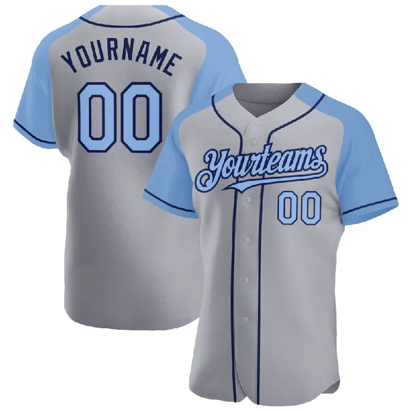 Baseball Jersey For Extreme Conditions-Custom Gray Light Blue-Navy Authentic Raglan Sleeves Baseball Jersey