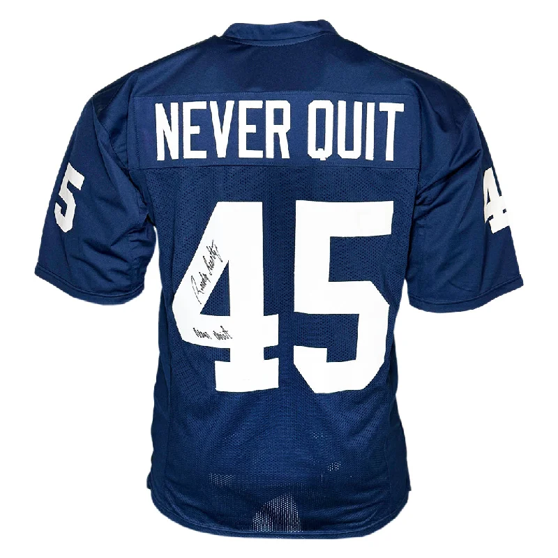 Rugby Jersey For Special Promotion-Rudy Ruettiger Signed Never Quit Inscription and Nameplate Notre Dame College Navy Football Jersey (JSA)