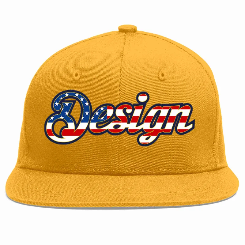 Baseball Cap With Embroidered Text-Custom Gold Vintage USA Flag-Gold Flat Eaves Sport Baseball Cap Design for Men/Women/Youth