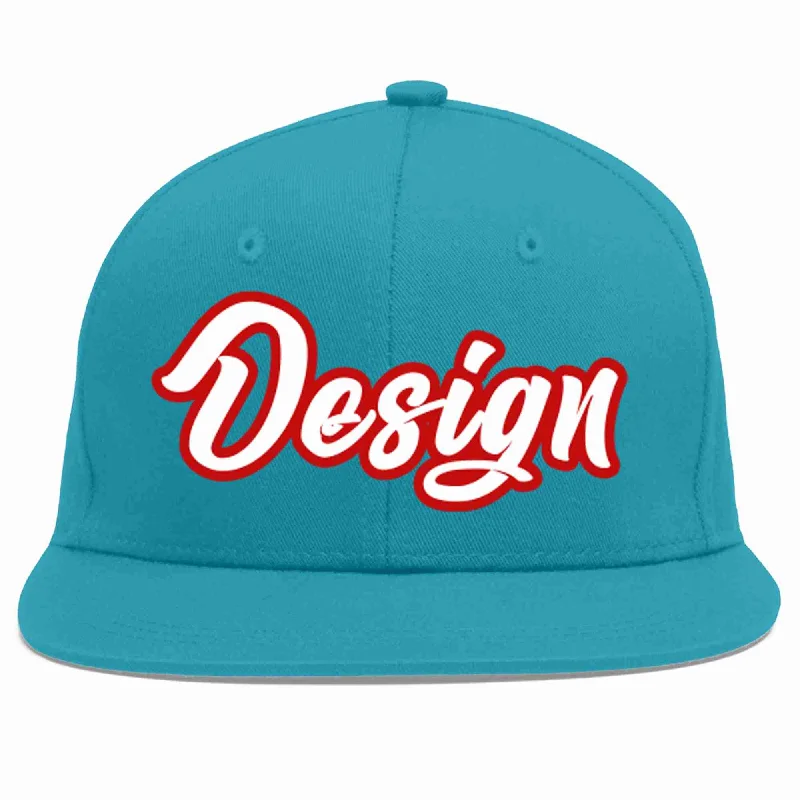 Personalized Baseball Cap-Custom Aqua White-Red Flat Eaves Sport Baseball Cap Design for Men/Women/Youth