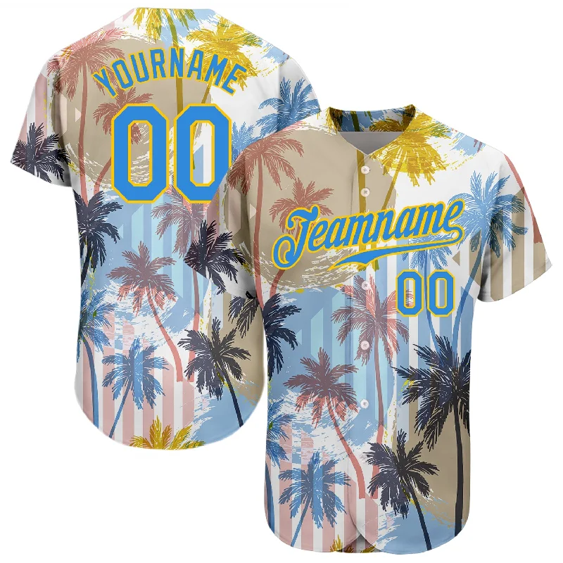 Baseball Jersey For Official Team Gear-Custom White Electric Blue-Yellow 3D Pattern Design Hawaii Coconut Palms Authentic Baseball Jersey