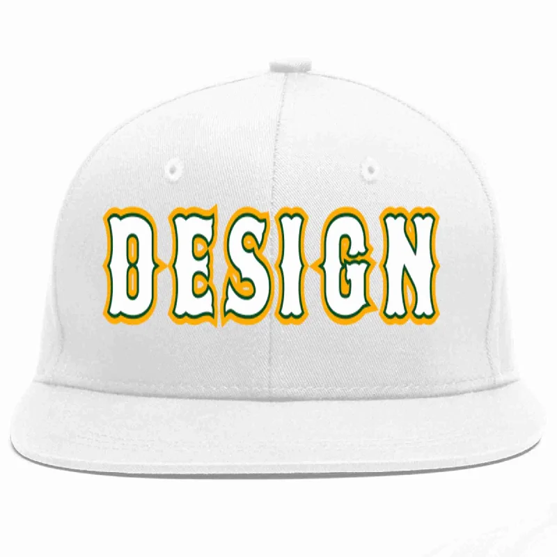 Baseball Cap With Velcro Closure-Custom White White-Kelly Green Flat Eaves Sport Baseball Cap Design for Men/Women/Youth