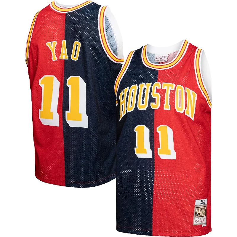 Basketball Jersey With Retro Style-Yao Ming Houston Rockets Hardwood Classics 2004/05 Split Swingman Basketball Jersey - Navy/red