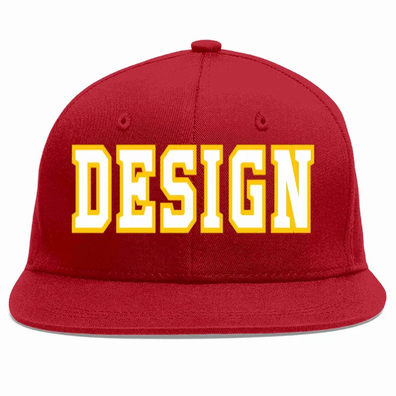 Baseball Cap For Fan Recognition-Custom Red White-Gold Flat Eaves Sport Baseball Cap Design for Men/Women/Youth