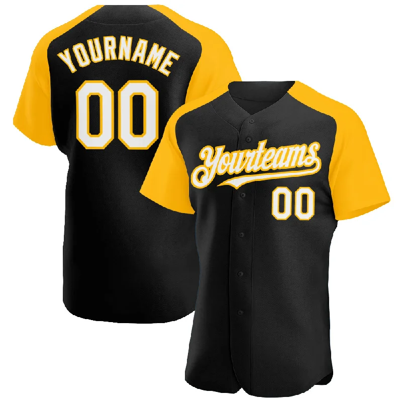 Baseball Jersey For Baseball Uniforms-Custom Black White-Gold Authentic Raglan Sleeves Baseball Jersey