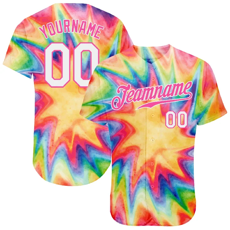 Baseball Jersey With Custom Text-Custom Tie Dye White-Pink 3D Watercolor Rainbow Authentic Baseball Jersey