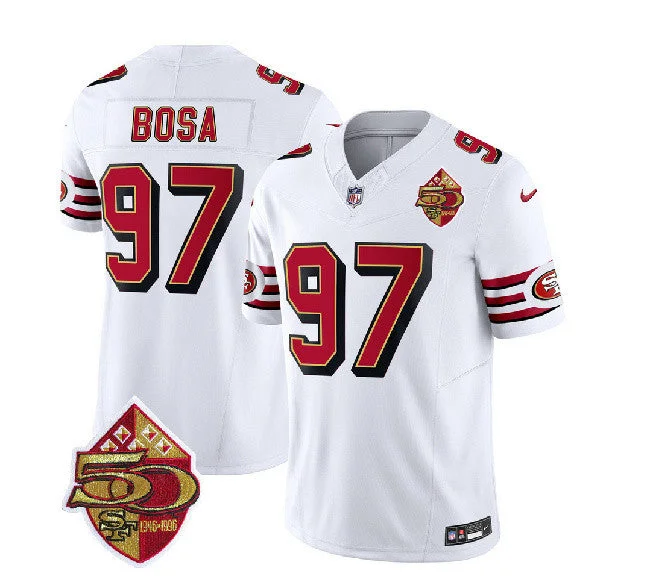 Football Jersey With Unique Patterns-Men's San Francisco 49ers #97 Nick Bosa White 2023 F.U.S.E. 50th Patch Throwback Football Stitched Jersey