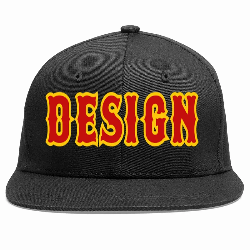 Baseball Cap For Professional Teams-Custom Black Red-Yellow Flat Eaves Sport Baseball Cap Design for Men/Women/Youth