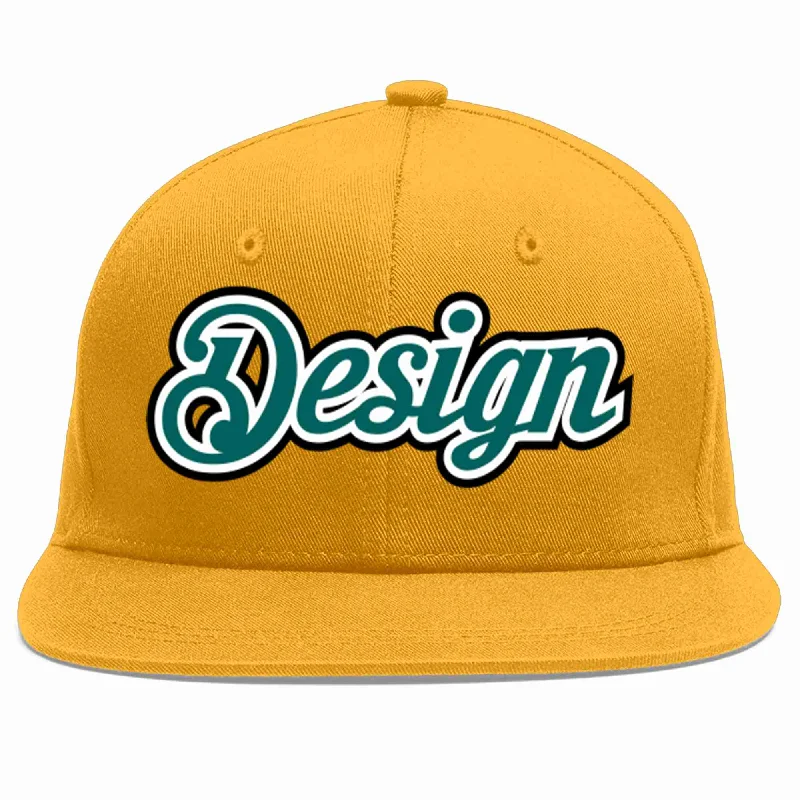 Baseball Cap With Patchwork Design-Custom Gold Aqua-White Flat Eaves Sport Baseball Cap Design for Men/Women/Youth