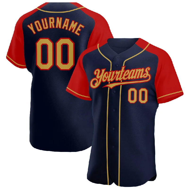 Baseball Jersey For High School Teams-Custom Navy Old Gold-Red Authentic Raglan Sleeves Baseball Jersey