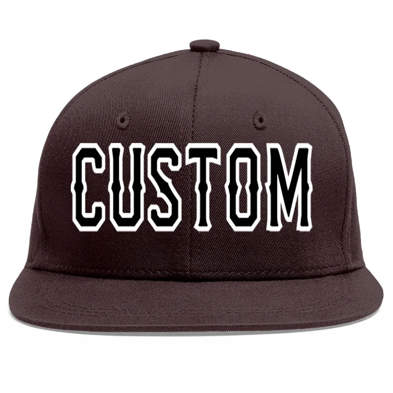 Baseball Cap For College Fans-Custom Brown Black-White Flat Eaves Sport Baseball Cap