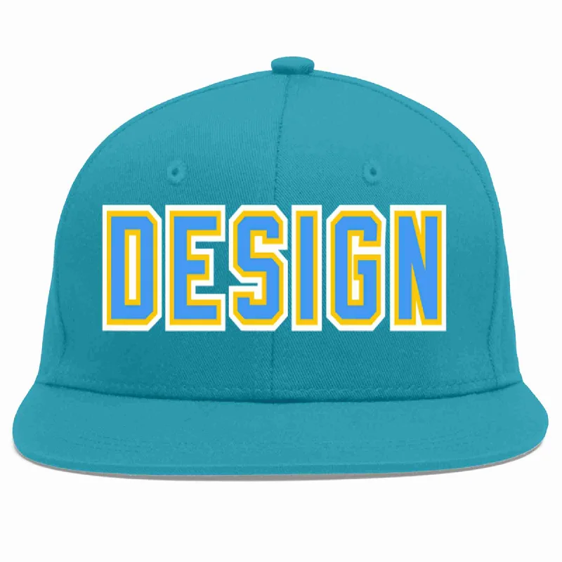 Baseball Cap With Team Design-Custom Aqua Powder Blue-Gold Flat Eaves Sport Baseball Cap Design for Men/Women/Youth