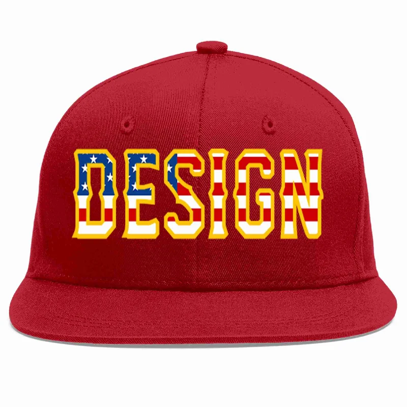 Baseball Cap For Outdoor Sports-Custom Red Vintage USA Flag-Gold Flat Eaves Sport Baseball Cap Design for Men/Women/Youth