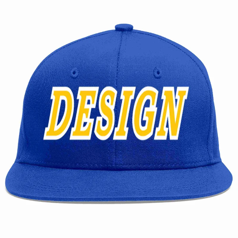 Baseball Cap For Custom Fan Merchandise-Custom Royal Gold-White Flat Eaves Sport Baseball Cap Design for Men/Women/Youth