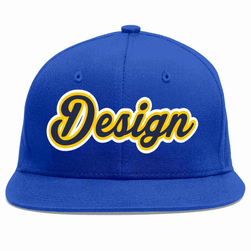 Baseball Cap With Custom Design-Custom Royal Navy-Gold Flat Eaves Sport Baseball Cap Design for Men/Women/Youth