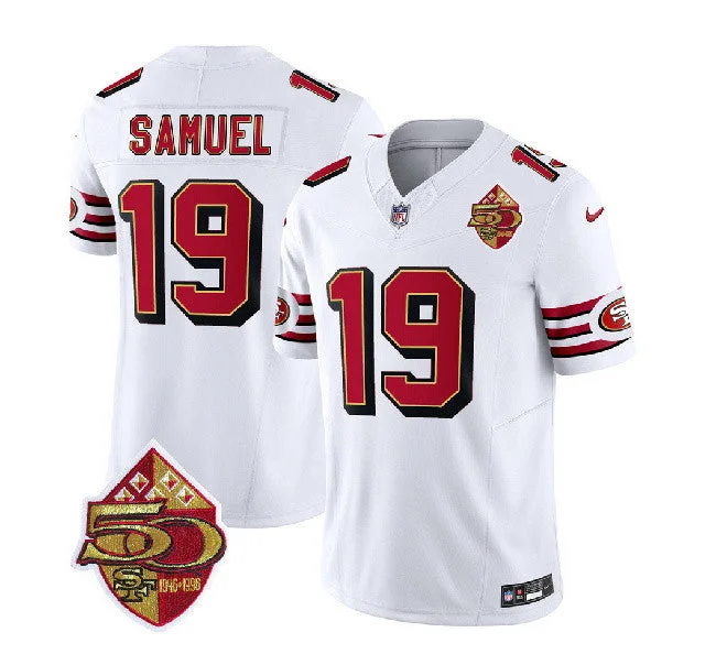 Football Jersey With Custom Player Names-Men's San Francisco 49ers #19 Deebo Samuel White 2023 F.U.S.E. 50th Patch Throwback Football Stitched Jersey