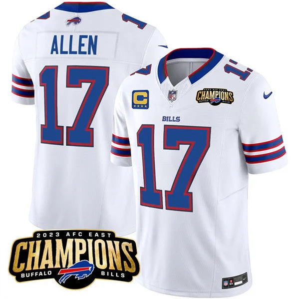 Football Jersey With Stretchable Fabric-Men's Buffalo Bills #17 Josh Allen White 2023 F.U.S.E. AFC East Champions With 4-star C Ptach Football Stitched Jersey